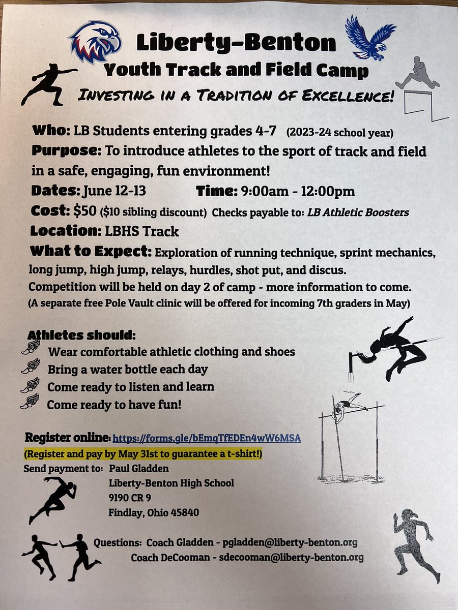 LBHST_F_CC's tweet photo. Hey parents do you want something for your young track athletes to do this June 12-13?  LB is offering a track camp for grades 4-7.  They will learn: basics of running, sprint mechanics, LJ, HJ, hurdles, shot and disc.  #RunEaglesRun
#BuildingTradition https://t.co/00YDQFS4xJ