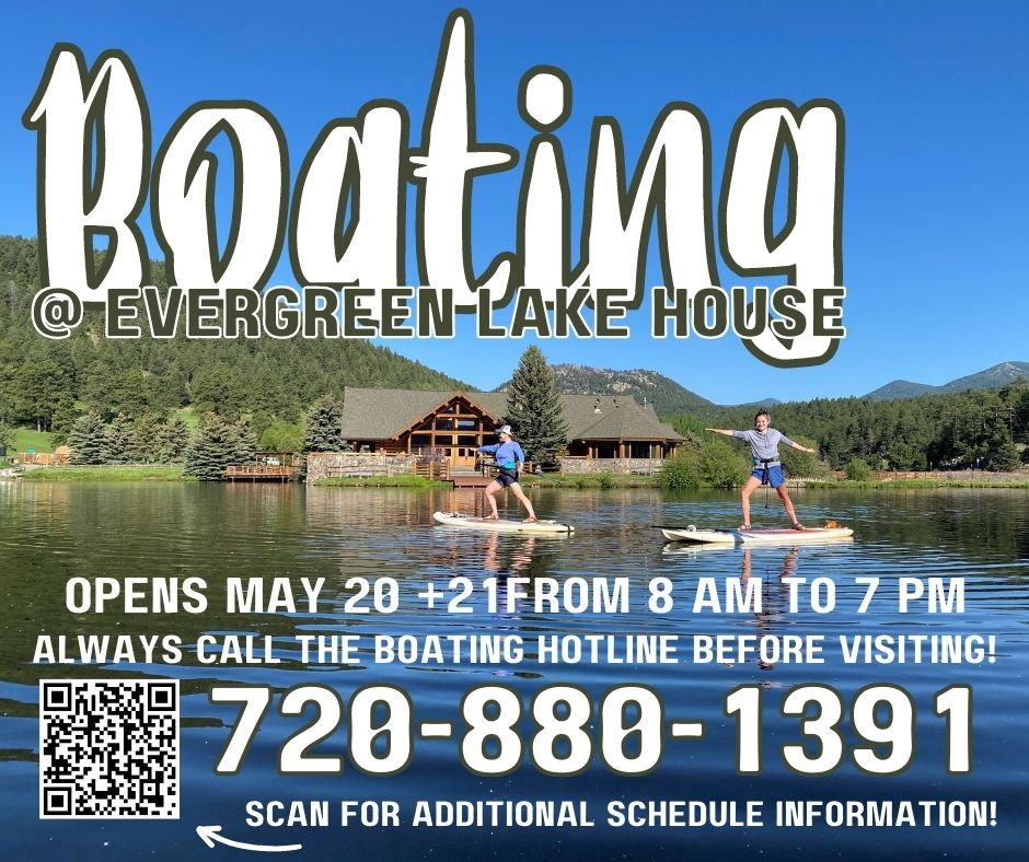 Boating OPENS on Evergreen Lake this weekend (May 21 + 22) from 8 AM to 7 PM! Always call the Boating Hotline before visiting at 720-880-1391. Daily Boating will open for the season on May 27. #ElevateYourLife #EvergreenPRD #Boating #EvergreenLake