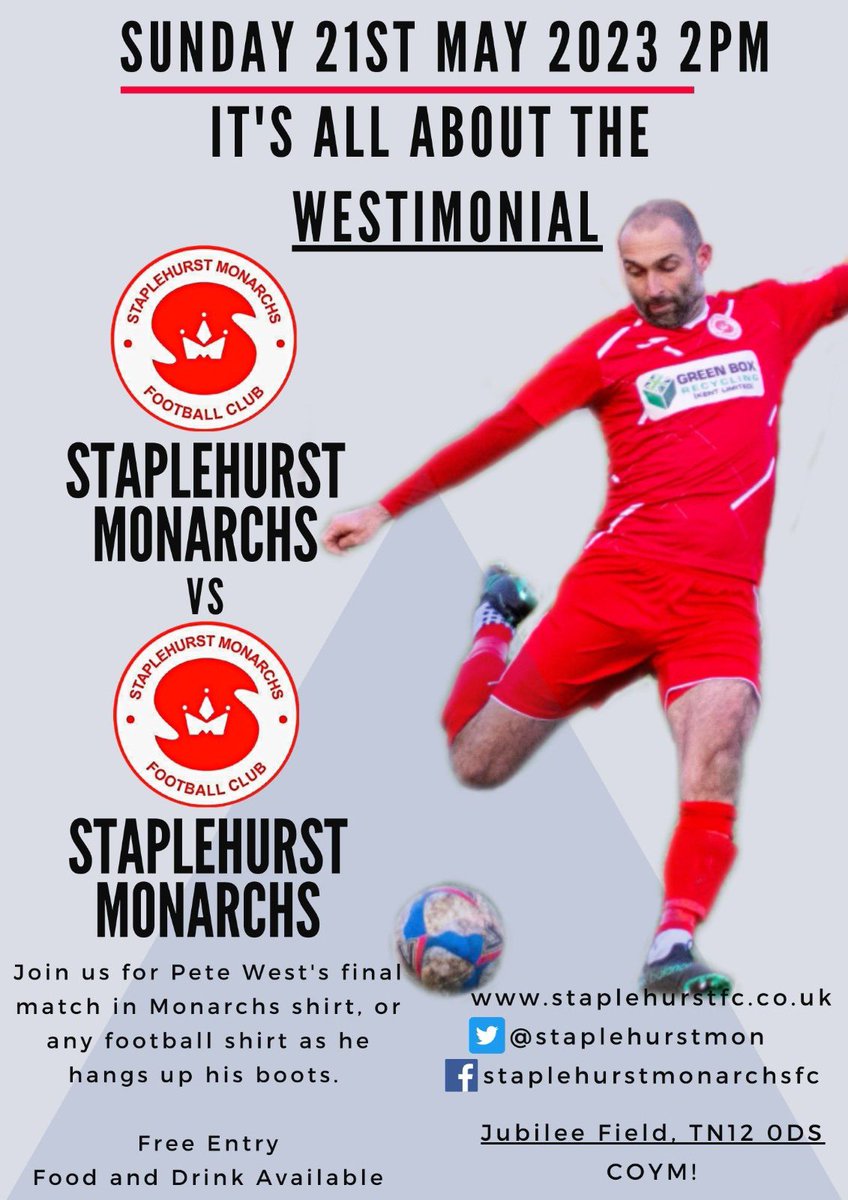 It’s almost here!! Join us on Sunday for the Westimonial - celebrating the extraordinary career of our very own Pete West. Kick off is 2pm, food and drink available, as the current first team take on a team of Staplehurst greats! 

Please walk to the ground if you are able to!