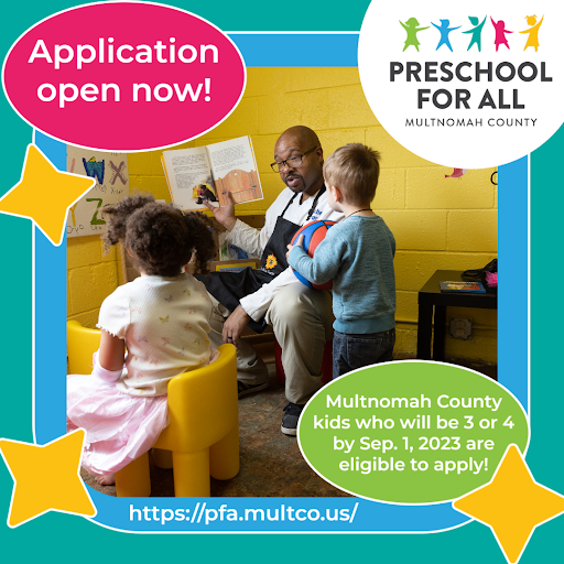 The 2023-24 Preschool for All Online Family Application is open! Applications accepted until May 31, 2023. Families with the least access to preschool are prioritized. Learn more & apply: pfa.multco.us

#preschoolforall #multnomahcounty #universalpreschool #preschool