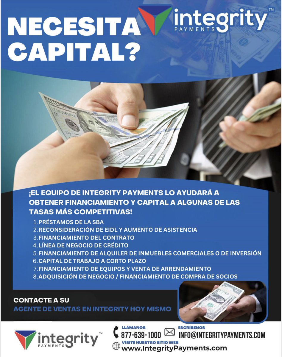 Does your business need #money? 
See how much #capital you qualify for!

Apply today! 
iw.lendflow.com/?env=o0FEKX0fO…

Integrity Payments
integritypayments.com/lending
Info@integritypayments.com
877-639-1000

#IntegrityPayments #smallbusiness #smallbiz #loans #lending #businesscapital