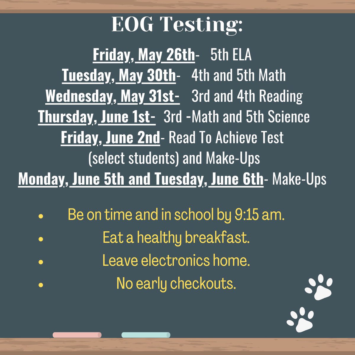 One week from today, EOG testing for 3rd-5th grade students begins at AES. We hope you’ll note the dates in white &amp; the helpful tips in yellow to help your student(s) be as successful as possible without any added stress. 💚💛 #endofyeartesting #apexespta <a href="/apexescougars/">Apex Elementary</a>