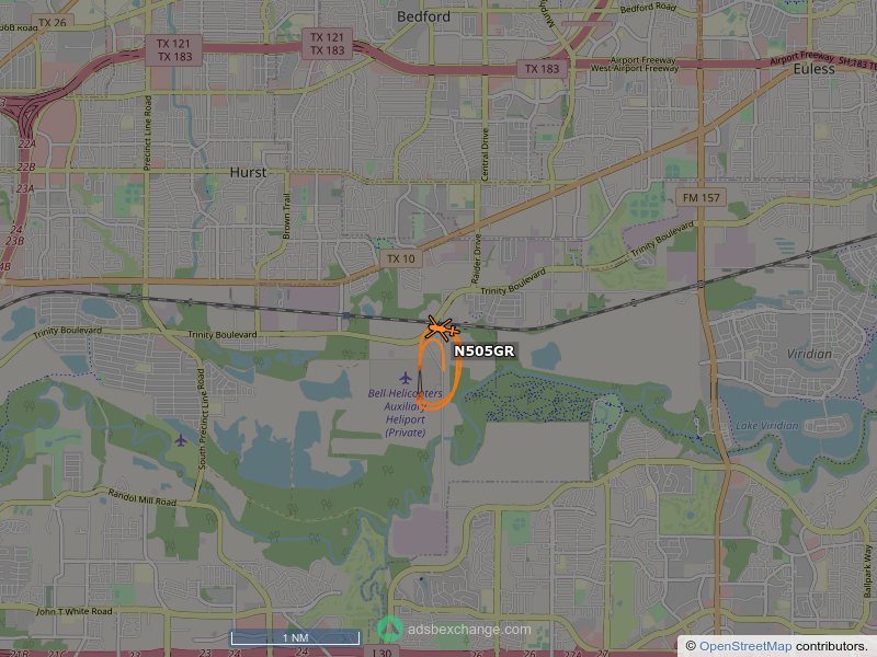 N505GR, a Bell Helicopters 505, is circling over Fort Worth at 1200 feet, speed 72 MPH, 0.7 miles from Sulphur Branch globe.adsbexchange.com/?icao=a64d29&z…