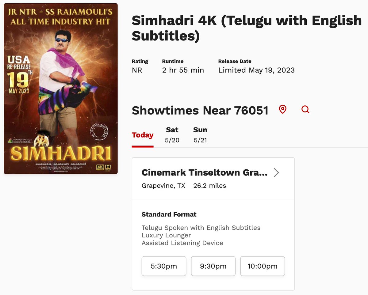 Extra show (10pm) added at Cinemark Tinseltown Grapevine and XD, TX 🔥🔥

#Simhadri4K @tarak9999