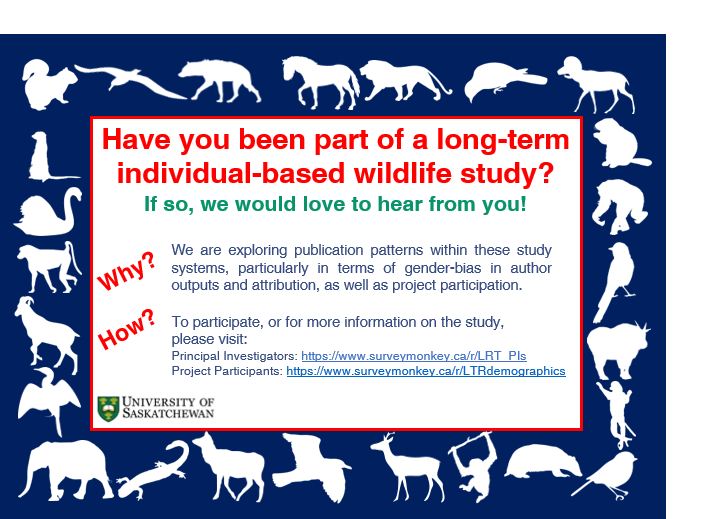 If you have ever participated in a long-term individual-based study of a wild animal population, we want to hear from you! Please consider participating in (and then circulating) these surveys 

LTR participant survey:  surveymonkey.ca/r/LTRdemograph…

PI survey: surveymonkey.ca/r/LRT_PIs