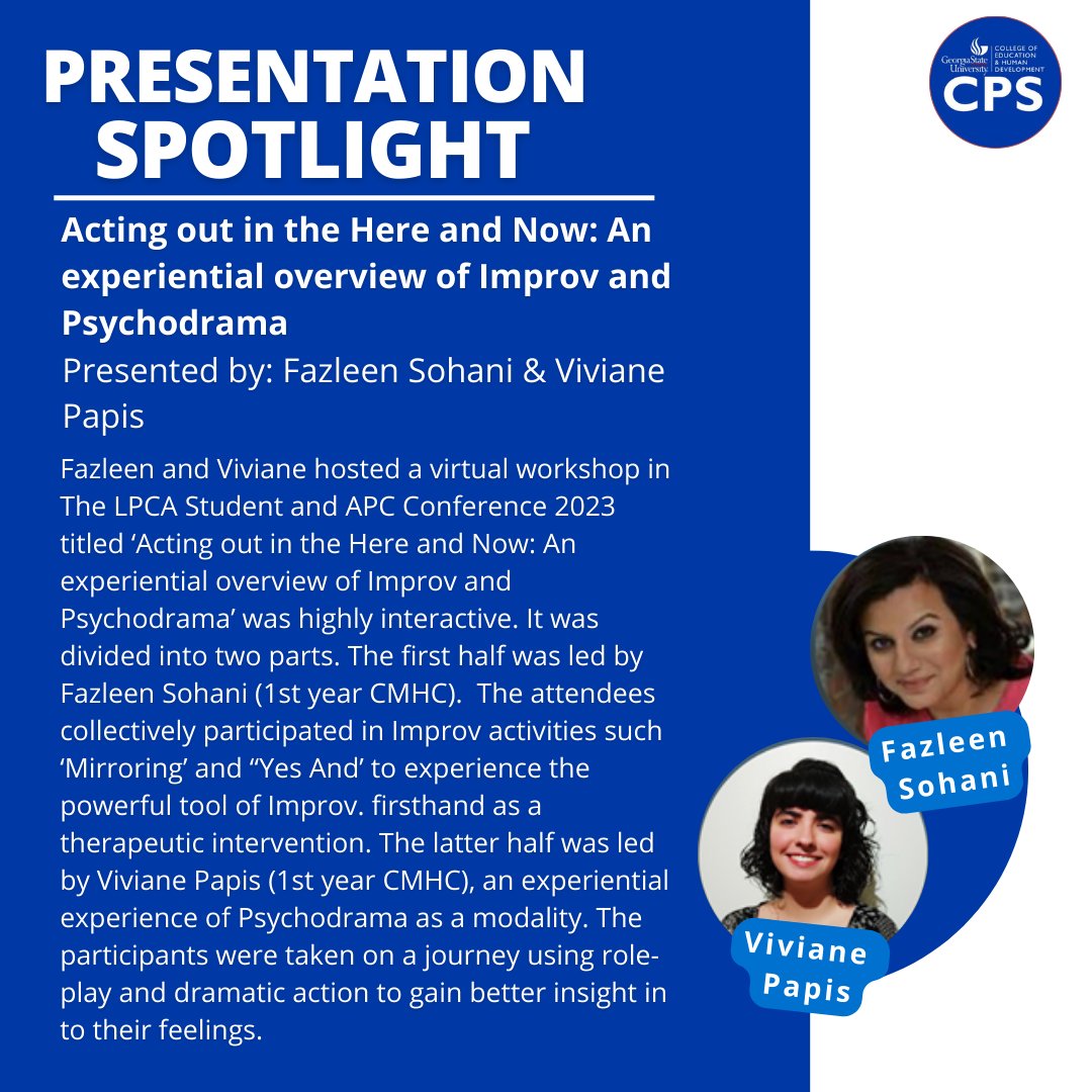 CPS_GSU's tweet photo. 1st-year CMHC students, Viviane &amp; Fazleen, hosted an interactive workshop in the LPCA Student Conference 2023 where participants used improv &amp; psychodrama to gain insight in to their feelings.

They would like to thank Dr. Guvensal &amp; Dr. McNary for their support and mentorship! https://t.co/c2fFn4X9HE