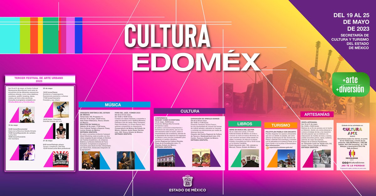¿No tienes plan para este fin? Checa la #CarteleraCultural de @CulturaEdomex y disfruta de las actividades artísticas, turísticas y deportivas. Mantente informado con el noticiero #CulturaAMX, de lunes a viernes a las 16:00 hrs por los canales 34.1 y 34.2 de @MexiquenseTV.