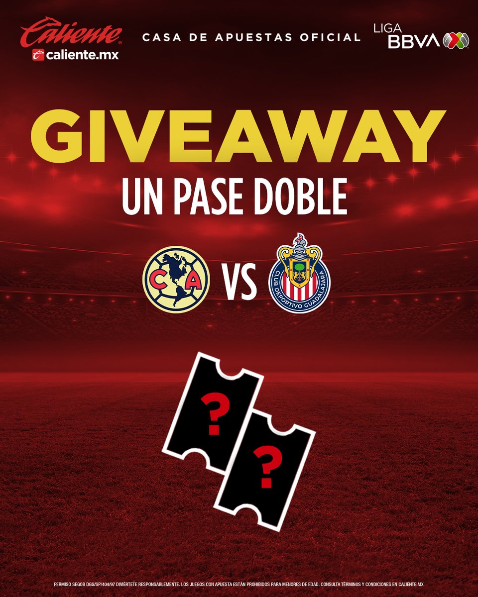 GIVEAWAY 🏟️🎟️🎟️

GANA UN PASE DOBLE PARA 🦅#AMÉRICA 🆚 #CHIVAS 🐐

1️⃣Dale RT y ❤️
2️⃣Sigue a <a href="/calientesports/">Caliente Sports</a> en TW e IG en este link 📲instagram.com/caliente_sports
3️⃣Etiqueta a un amigo, dinos porqué tu equipo va a pasar a la Final y agrega el hashtag #MásAcciónMásDiversión 🔥