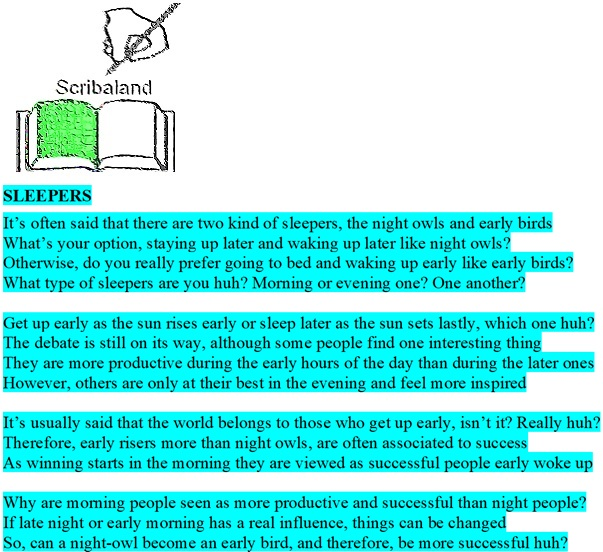 #Scribaland1 SLEEPERS
A night-owl? A early bird? A early riser? Which one is better to be, for you?#scriptwriters #scriptwriting #sentence #sentences #selfedit #selfeditor #selfedition #selfeditors #selfeditions #sing #singer #singers #singing #socialnetwork #socialnetworks #song