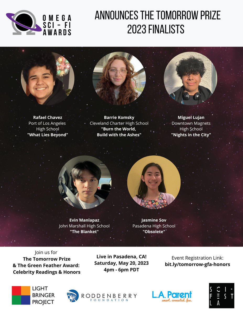 Calling all sci-fi fans and supporters of young talent! Don't miss out tomorrow! Our guest readers will bring #scifi stories written by L.A. teens to life, showcasing the limitless imagination of the next generation.📚✨

Register: bit.ly/tomorrow-gfa-h…