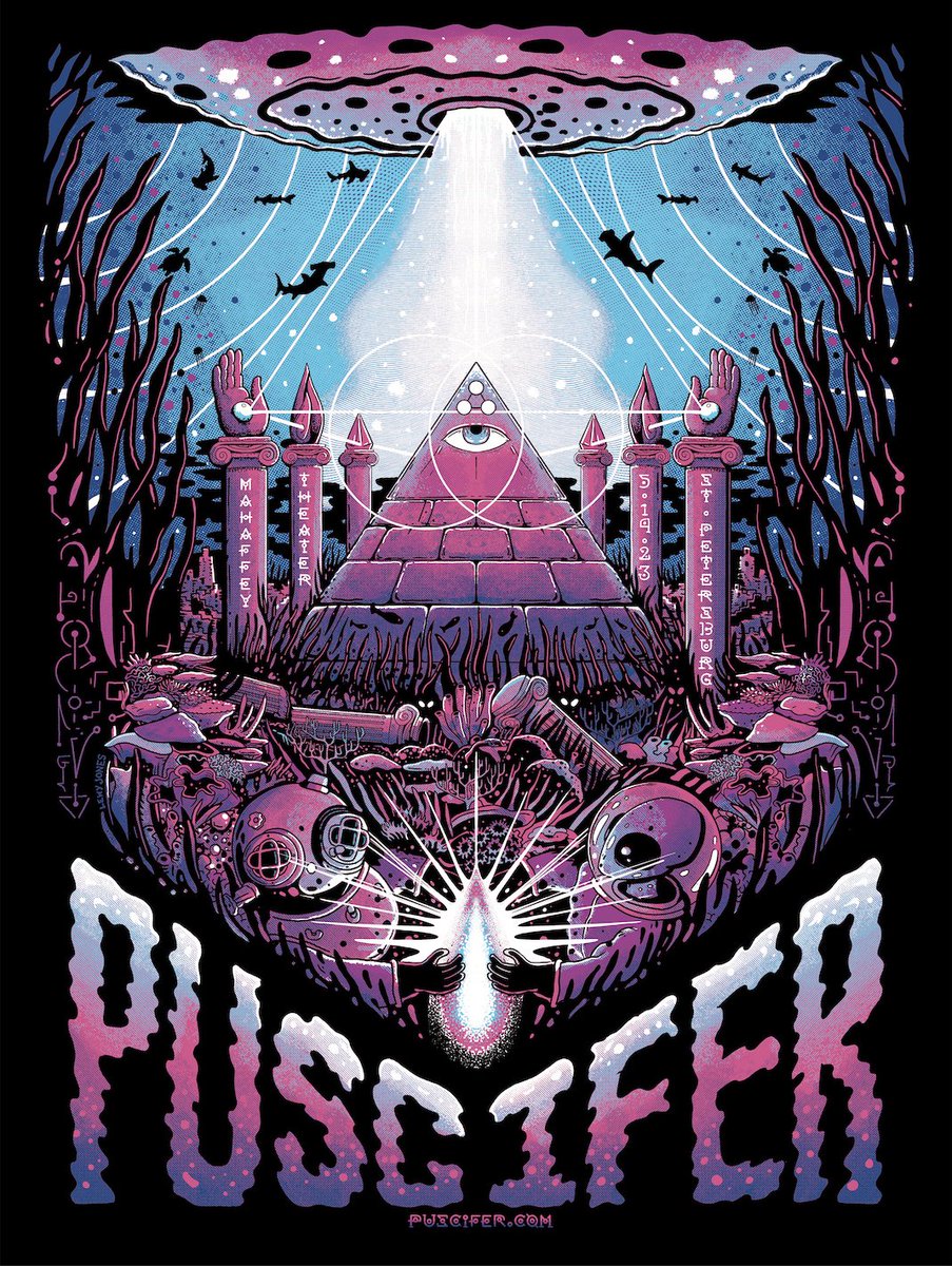 puscifer's tweet image. Tonight's poster for St. Petersburg by Lewy Jones. Ltd ed. of 200 &amp;amp; 25 foil, the poster will be available at the merch booth, w/ some signed by the band. Tonight's ER vinyl variant (50 copies) will also be at the merch booth. #puscifer @mjkeenan @carinaround #matmitchell