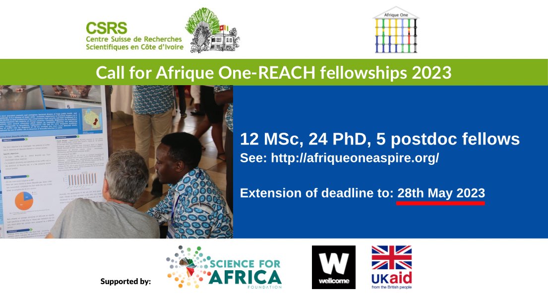 AfriqueOneREACH's tweet photo. 🚨 #Opportunity Call for Afrique One-REACH #fellowships 2023

Deadline extended : 28th May 2023

More information 👉🏽 https://t.co/liZ7sSVAKJ

#OneHealth #FromScienceToImpact https://t.co/vQIE6Ur4dO