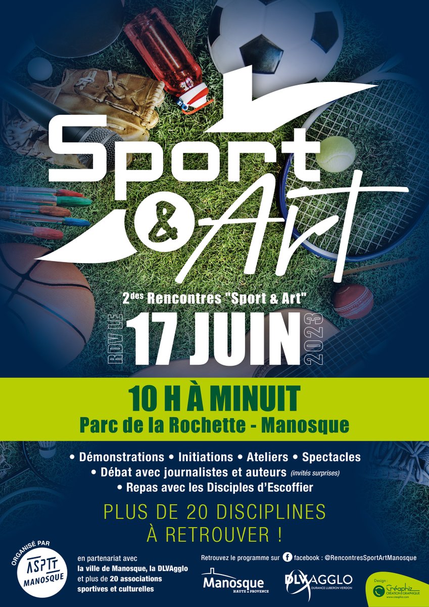 #Manosque :  l'ASPTT Manosque, en partenariat avec la <a href="/VilledeManosque/">Ville de Manosque</a>,  <a href="/DLVAgglo/">DLVAgglo</a> , et une vingtaine d'associations sportives et culturelles, propose le 17 juin les 2es Rencontres "Sport &amp; Art". Le programme sera dévoilé début juin. <a href="/camillegaltier/">Camille Galtier</a> <a href="/JCPetrigny/">Jean-Christophe Petrigny</a> <a href="/AlpesProvence04/">Alpes de Haute Provence</a>
