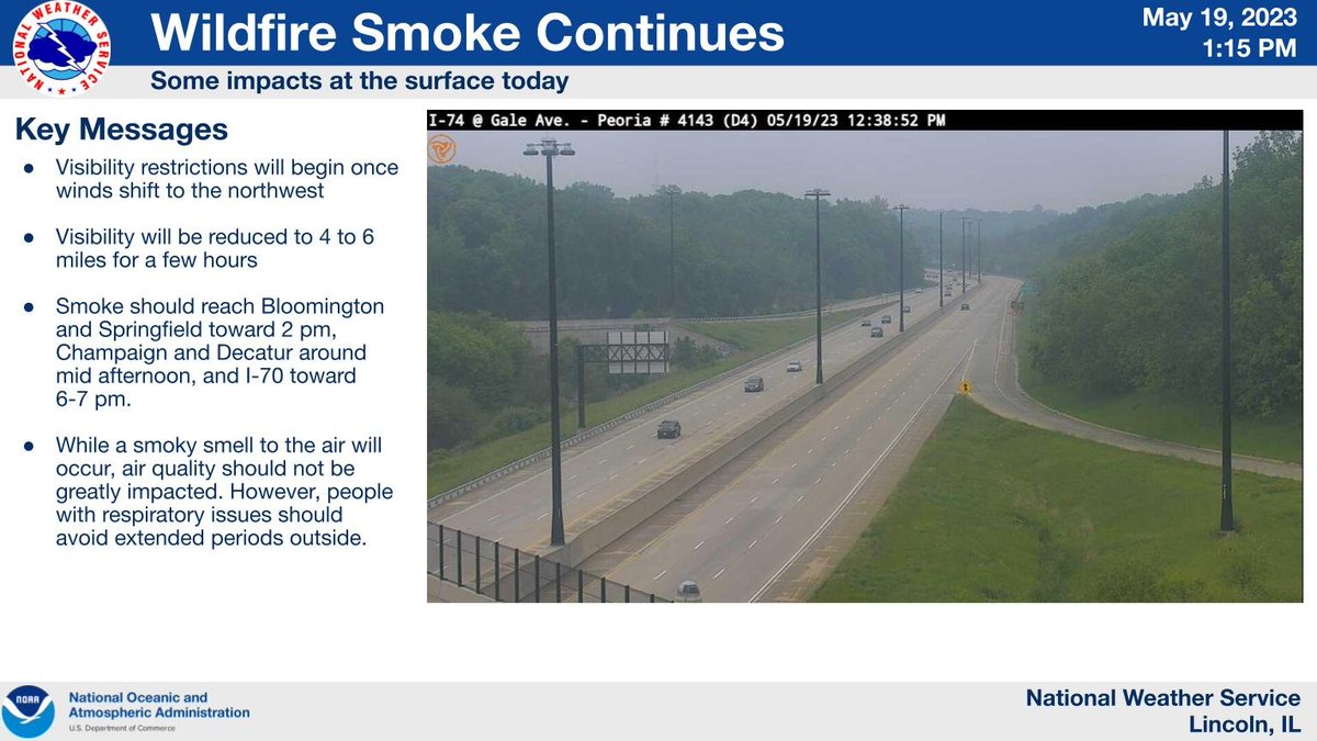 NWSLincolnIL's tweet image. 1:15 pm -- Visibility of 4 to 6 miles will occur for a few hours following passage of a cold front, along with a smoky smell to the air. This should begin shortly in the Bloomington and Springfield areas. #ILwx