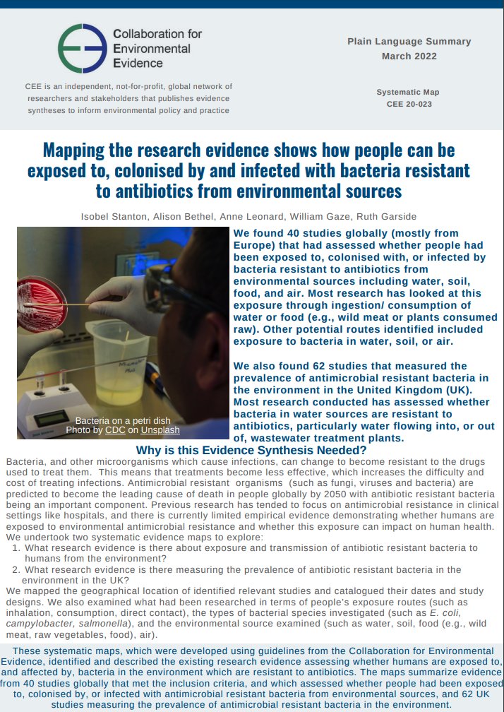 Check out this #PlainLanguageSummary for a #SystematicMap looking at #BacterialResistance to #Antibiotics from the environment including soil, air, water, and food. 1/2