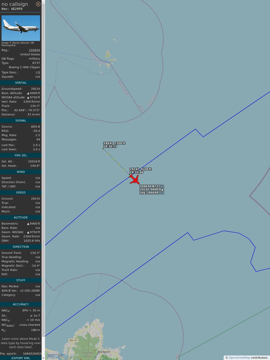 #PlaneAlert ICAO: #AE29FD Tail: #166694 Owner: #UnitedStatesNavy Aircraft: #Boeing C-40A 2023/05/19 14:20:14 #B737 #Navy #NotaBus #Clipper navy.mil globe.adsbexchange.com/?icao=AE29FD&s…