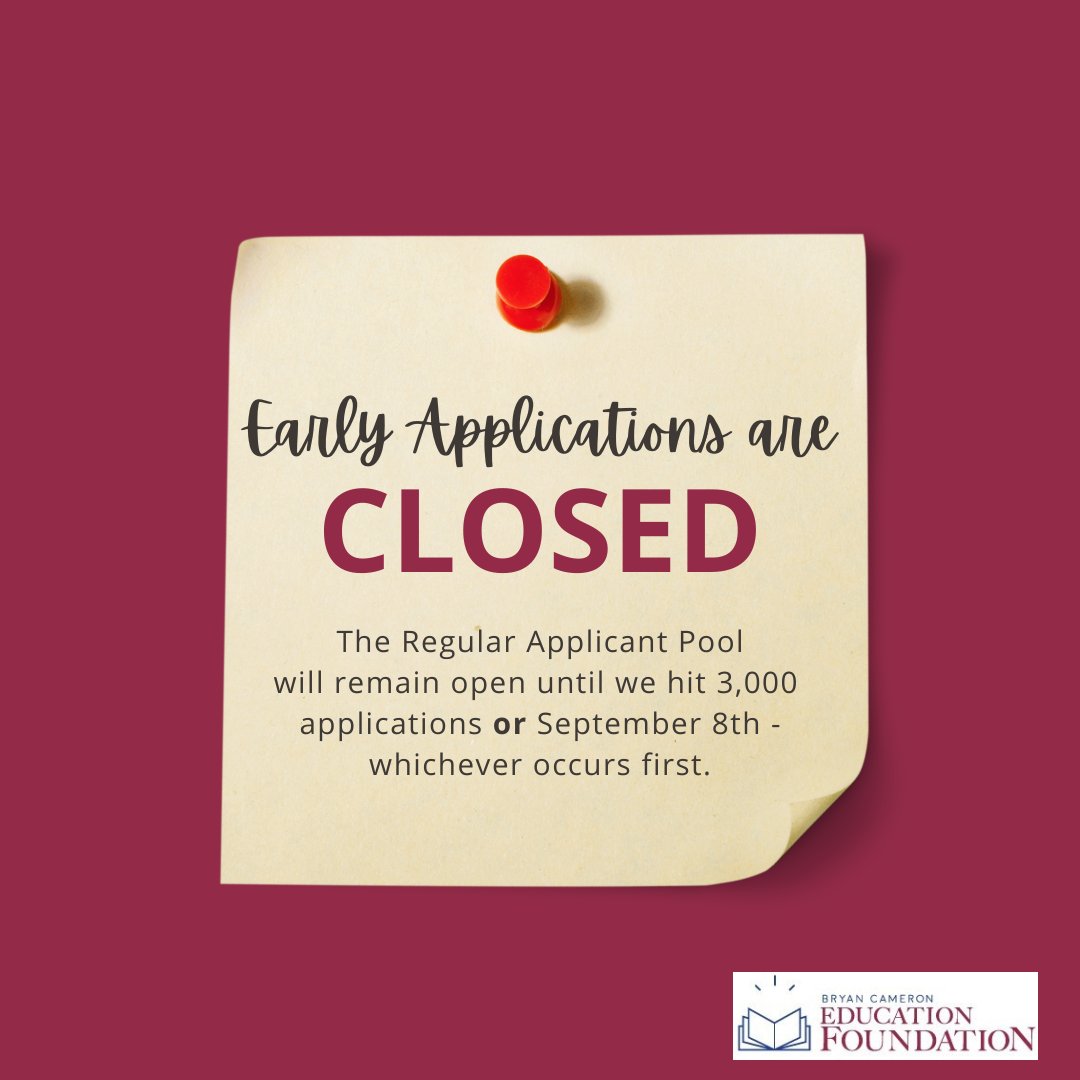 Early Applications for the #cameronimpactscholarship are now CLOSED.  The application remains open for the Regular applicant pool until we hit 3,000 applications or September 8th - whichever comes first.