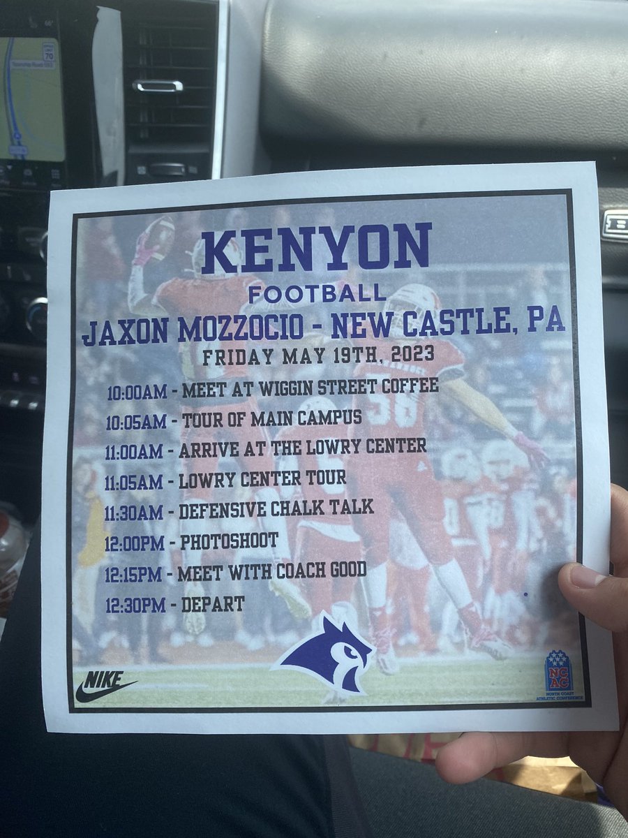 Jaxon Mozzocio (@mozzociojaxon) on Twitter photo Appreciate <a href="/IanMGood/">Ian Good</a> for having me down at Kenyon today. Beautiful campus and I like the way #PurpleReign sounds. Thank you <a href="/CoachMcMurray5/">Brett McMurray</a> <a href="/CoachDHyatt/">Dylan Hyatt</a> for the tour. Looking forward to coming back‼️‼️💜💜💜 <a href="/KenyonFootball/">Kenyon Football</a> #GoOwls 🦉 Appreciate <a href="/IanMGood/">Ian Good</a> for having me down at Kenyon today. Beautiful campus and I like the way #PurpleReign sounds. Thank you <a href="/CoachMcMurray5/">Brett McMurray</a> <a href="/CoachDHyatt/">Dylan Hyatt</a> for the tour. Looking forward to coming back‼️‼️💜💜💜 <a href="/KenyonFootball/">Kenyon Football</a> #GoOwls 🦉