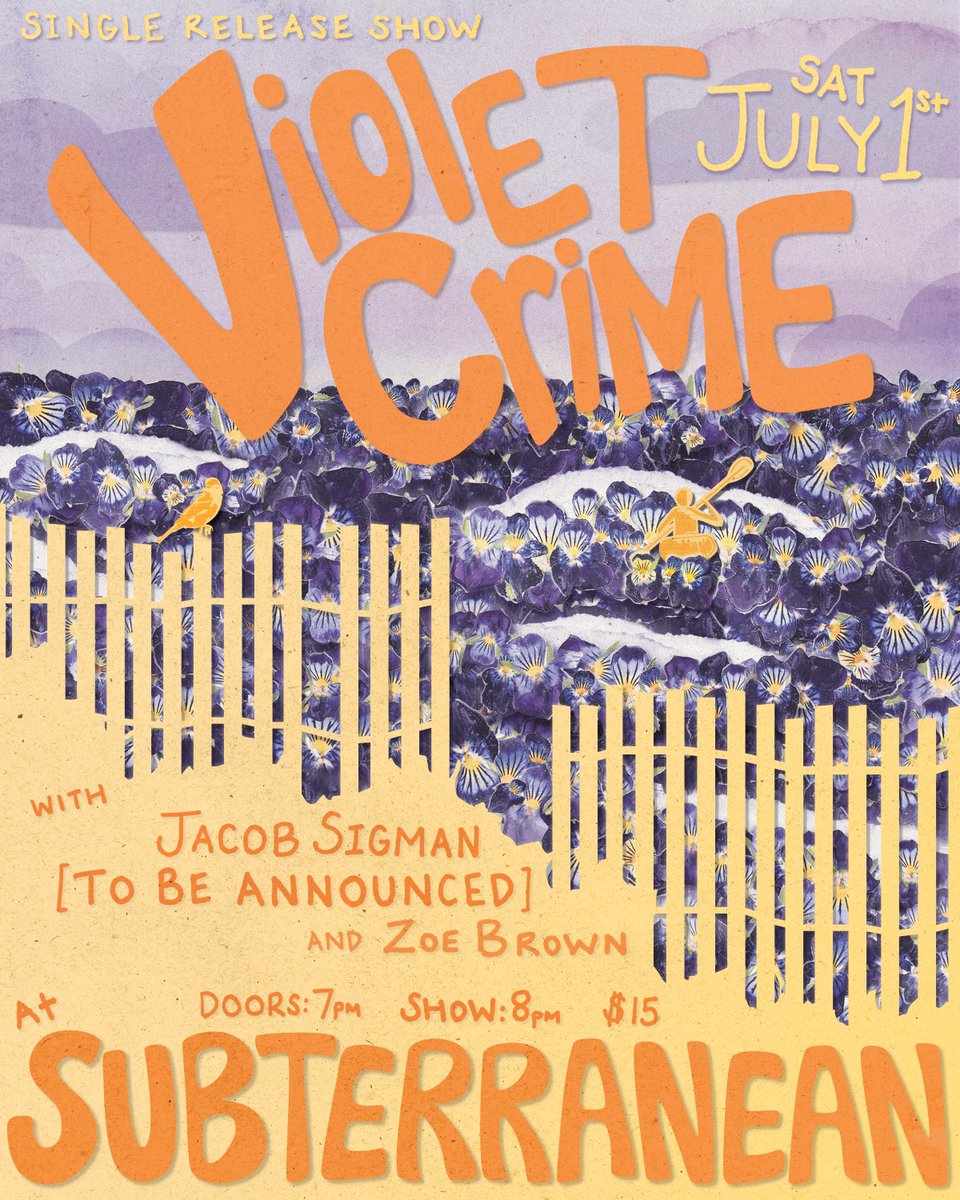 kickstandshows's tweet photo. 🌺 JUST ANNOUNCED 🌺Violet Crime (@violetcrime_il) at Subterranean (@subtchicago) with Jacob Sigman (@JacobSigman) &amp; Zoe Brown on Sat., July 1! 
🎟 >> https://t.co/3cJm2RTGkC https://t.co/0SPSMIKMtU