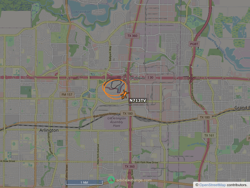 N713TV, a Robinson R66, is circling over Arlington at 1225 feet, speed 43 MPH, squawking 4614, 0.1 miles from Six Flags Railroad globe.adsbexchange.com/?icao=a988ef&z…