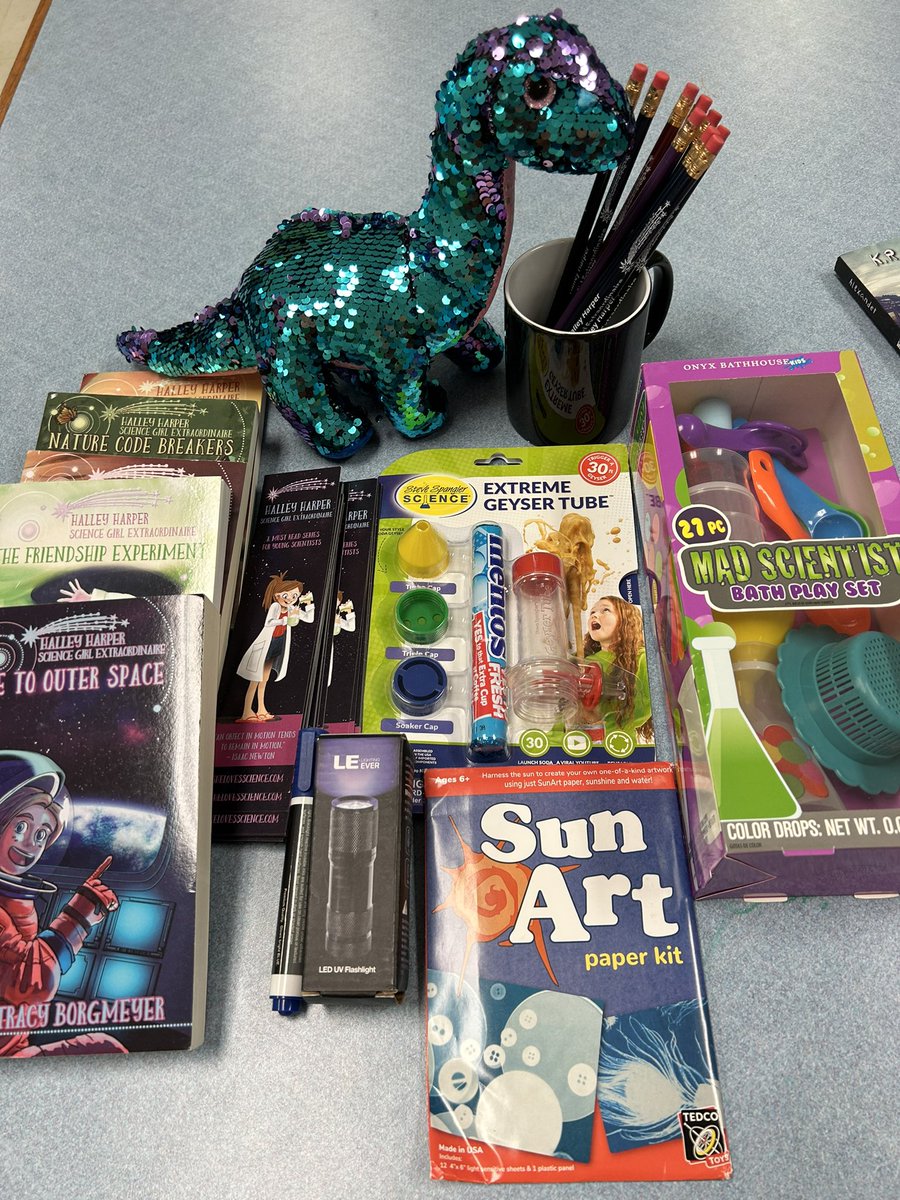 Got something exciting today! I won this prize pack for teacher appreciation week! The author Tracy Borgmeyer was kind enough to autograph all the Halley Harper books to our DVE shining miners! Thank you <a href="/tracyborgmeyer/">Tracy Borgmeyer</a> ! #shelovesscience <a href="/DVESPrincipal/">Carolyn Seal</a>