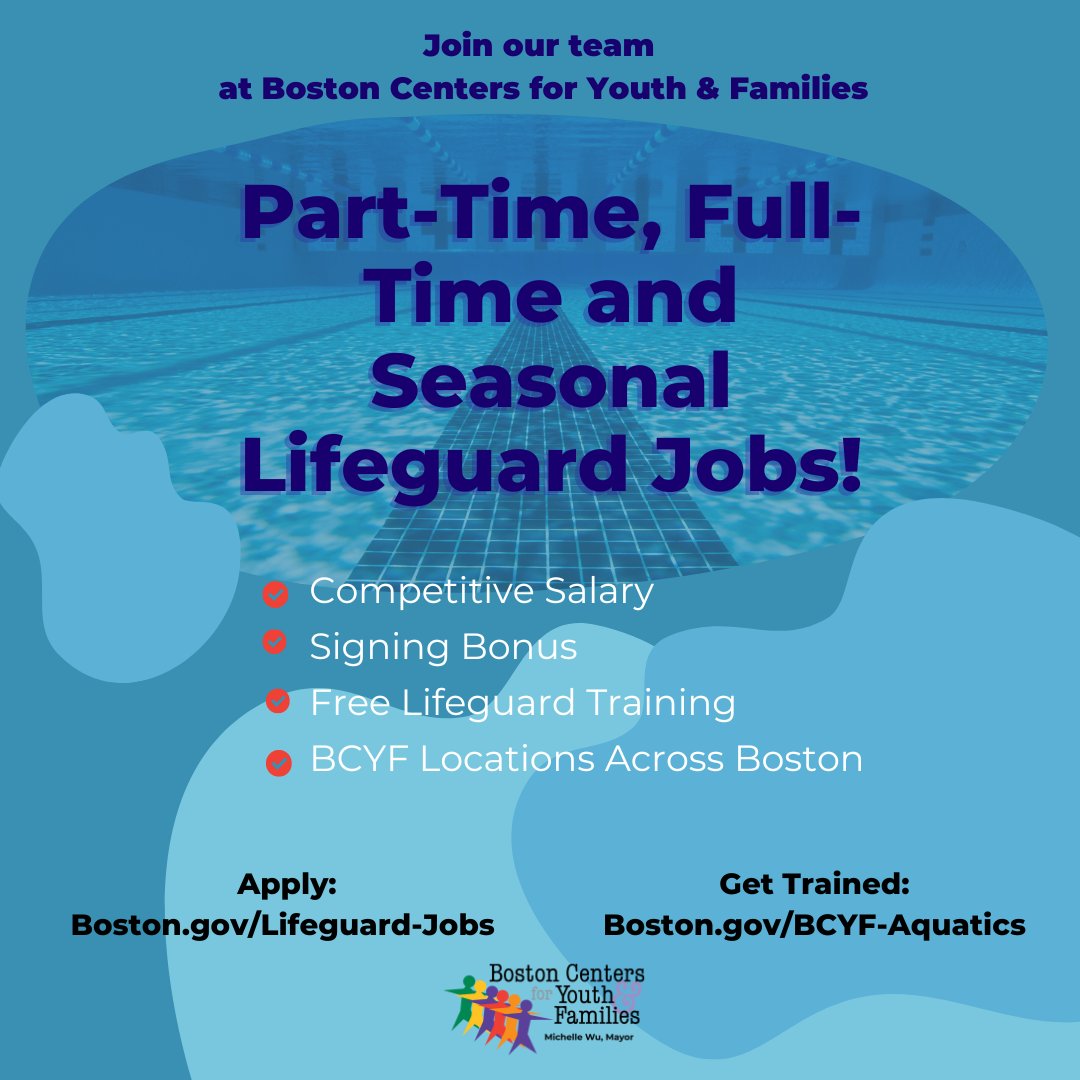 Part-time, full-time and seasonal lifeguard positions featuring a salary increase and signing bonuses are now available! Visit Boston.gov/BCYF-Lifeguard… to learn more and apply. If you need training or certification, find classes at Boston.gov/BCYF-Aquatics.