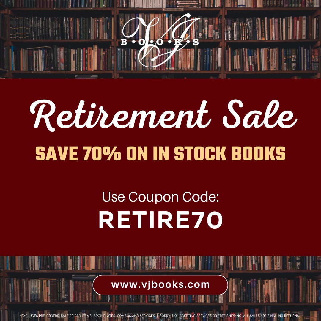 VJ Books (@vjbooks) on Twitter photo Virginia and John are retiring ~
Before we are done we have decided to make these available to our loyal customers at near giveaway prices.
You can now save 70% using RETIRE70 at checkout.
vjbooks.com/default.asp
Any more questions? Email us at customerservice@vjbooks.com Virginia and John are retiring ~
Before we are done we have decided to make these available to our loyal customers at near giveaway prices.
You can now save 70% using RETIRE70 at checkout.
vjbooks.com/default.asp
Any more questions? Email us at customerservice@vjbooks.com