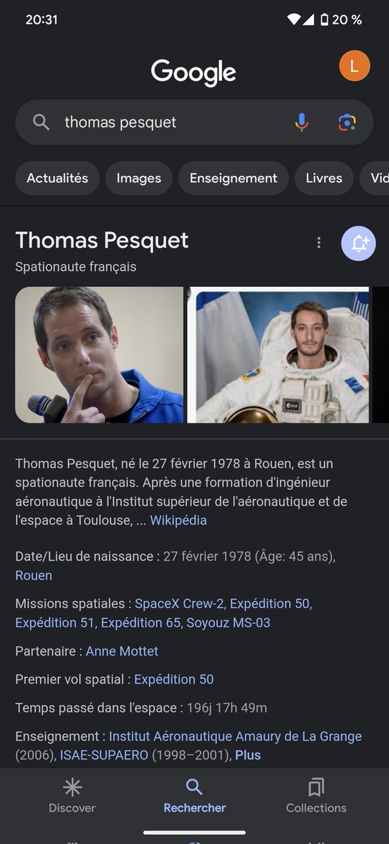 Lauraravenclaw's tweet photo. Quand tu tapes Thomas Pesquet sur Google, en deuxième photo tu as cet escroc de Pierre Niney 😂 @pierreniney @Thom_astro https://t.co/vaNuw7EOz7