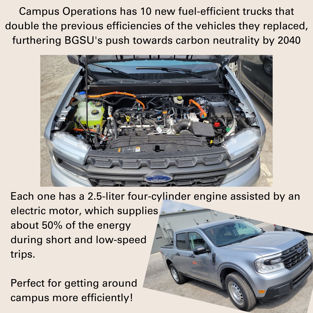 GreenBGSU's tweet photo. @bgsu 's Campus Operations has new hybrid trucks that cut carbon emissions per trip in half! Look for 10 of them zipping to and fro on campus next semester!
#sustainability https://t.co/onfufPJ0MO