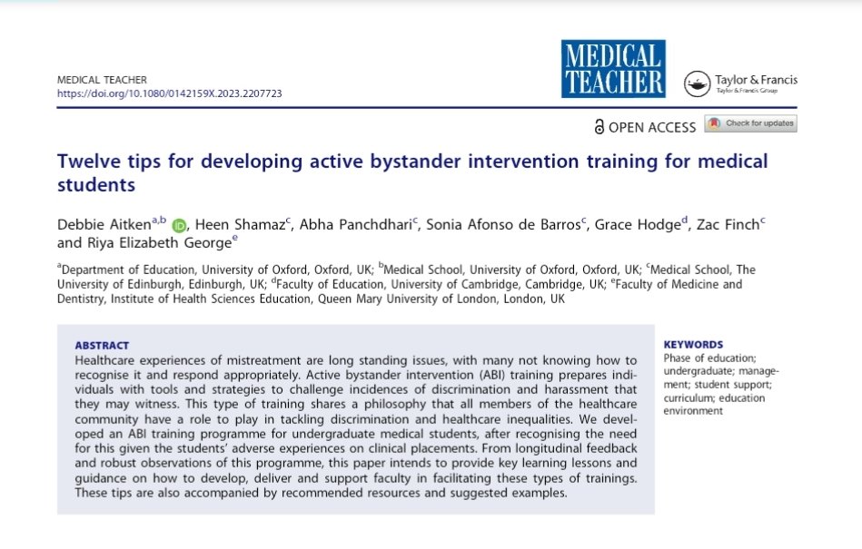 Very pleased to be a part of this publication!
doi.org/10.1080/014215…
At <a href="/EdinUniMedicine/">Edinburgh Medical School</a> we created an 'Active Bystander Intervention Training'' course for medical students to raise awareness and empower positive intervention in tricky dilemmas.
Thank you to all involved!