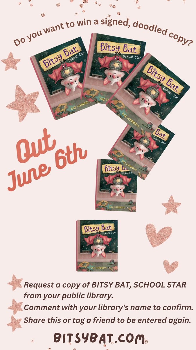 A #giveaway for everyone! Just request BITSY BAT, SCHOOL STAR @simonkids at your local public #library and comment to be entered. 6 signed and doodled copies up for grabs. (US only, please.) Announcement early June. #PB23s #BitsyBat #PictureBook #KidsBook #childrensbook #autism