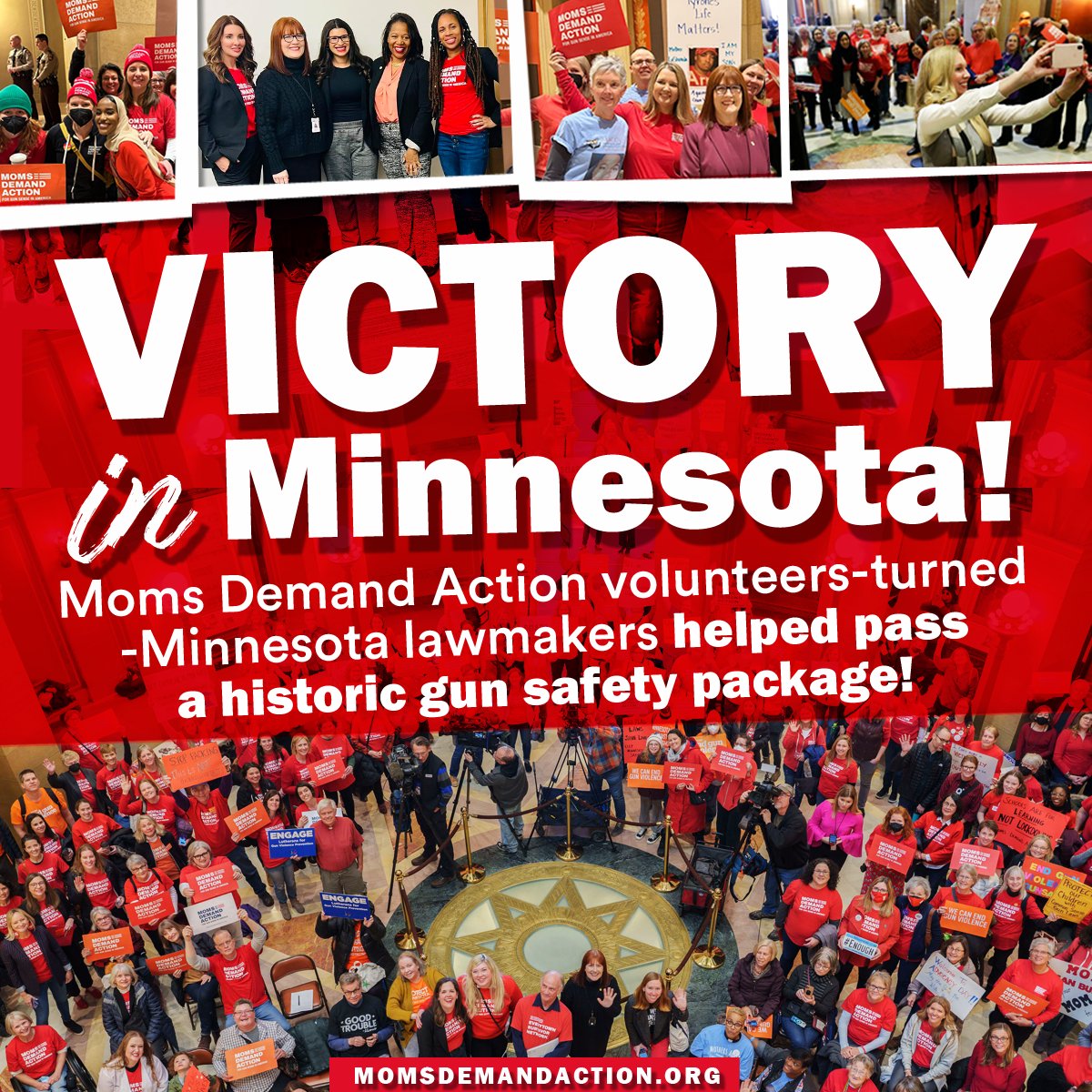 VICTORY! Last year, four of our volunteers were elected to the Minnesota Senate, flipping the chamber to a gun sense majority and paving the way for critical gun safety legislation to pass. Today, @GovTimWalz signed a historic gun safety package into law! #MNLeg