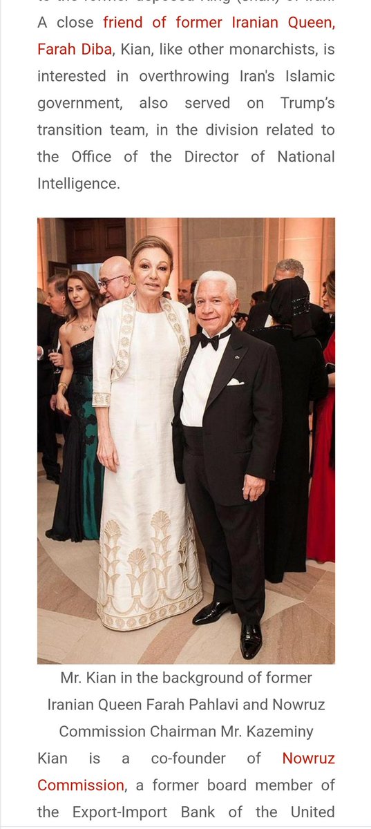 Kian in the background of former Iranian Queen Farah Pahlavi and Nowruz Commission Chairman Kazeminy.

Kian is a co-founder of Nowruz Commission, a former board member of the Export-Import Bank of the US, and a former dir of the State of California Office of Foreign Investment.