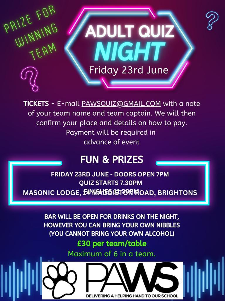 🎉🎉 On Friday 23rd June we are so excited to be hosting our first quiz night since before covid! 

All details are posted below ⬇️ 

If you want a fun night out be sure to be quick and book your place 💙❤️