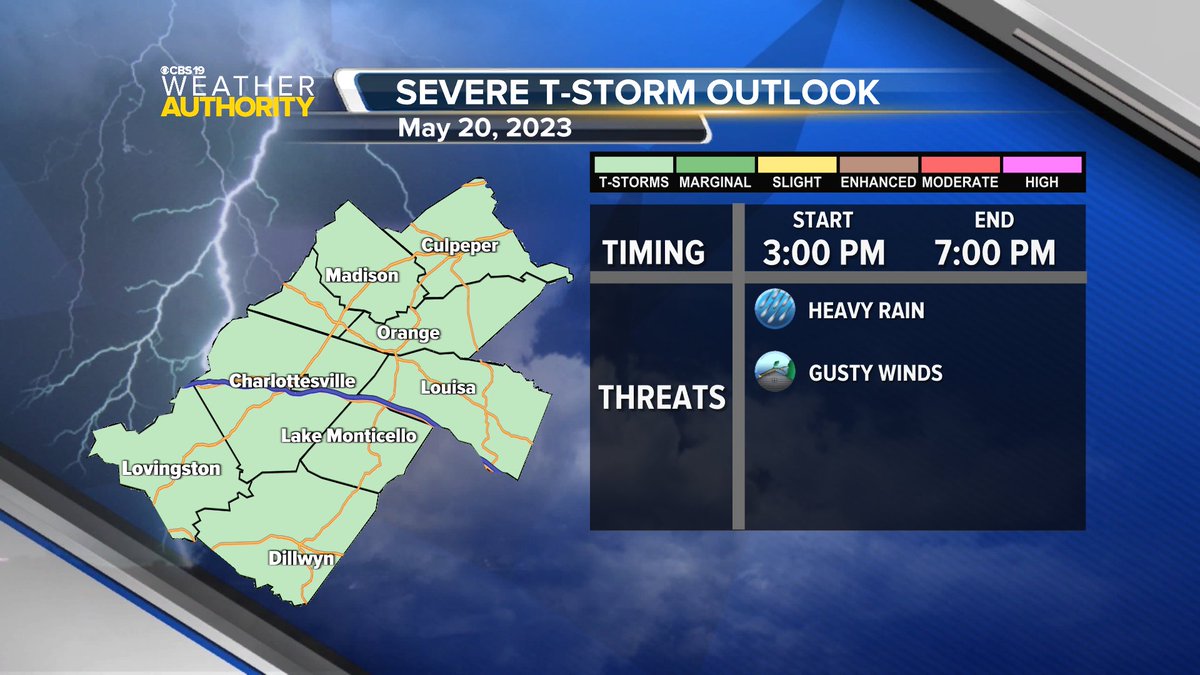 CBS19Weather's tweet photo. SATURDAY: A cold front sweeping through during the afternoon will bring some showers and thunderstorms. Thankfully severe weather is not anticipated but showers and storms will definitely affect outdoor plans including @UVA #FinalExercises. ~tk https://t.co/6DvWWPljMi