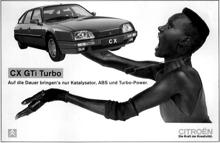 Happy 75th birthday to the marvelous Grace Jones, pictured here ... doing whatever she is doing to that Citroen CX 