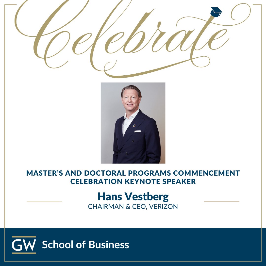 gwbusiness's tweet photo. We’re excited for our 2023 GW School of Business Master’s and Doctoral Celebration speakers!

Keynote Speaker: Hans Vestberg, Chairman and CEO of @Verizon 

Student Speaker: Islindy Merius (MBA '23)

#GWSBgrads2023 #GWSBgrads23 #GWCommencement https://t.co/zwekFF0eaH