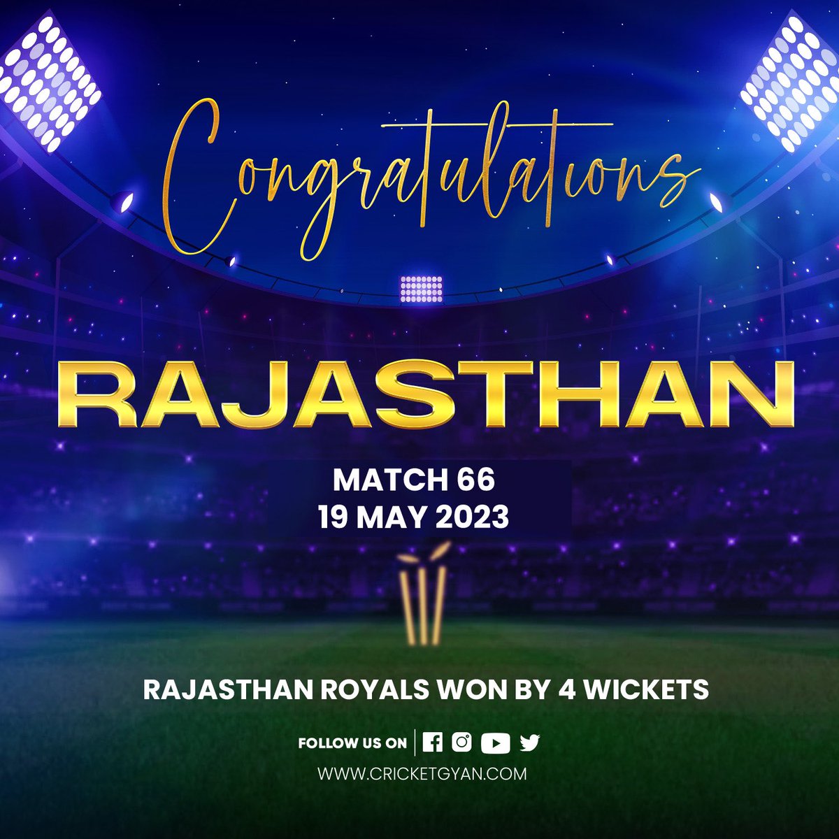 Congratulations Rajasthan for winning against Punjab. In the do or die match Rajasthan take a bow and win it by 4 wickets and eliminate Punjab from the league. . . #rajasthan #punjab #ipl #ipl2023 #coco #rajasthanwin #cricket #cricketgyan