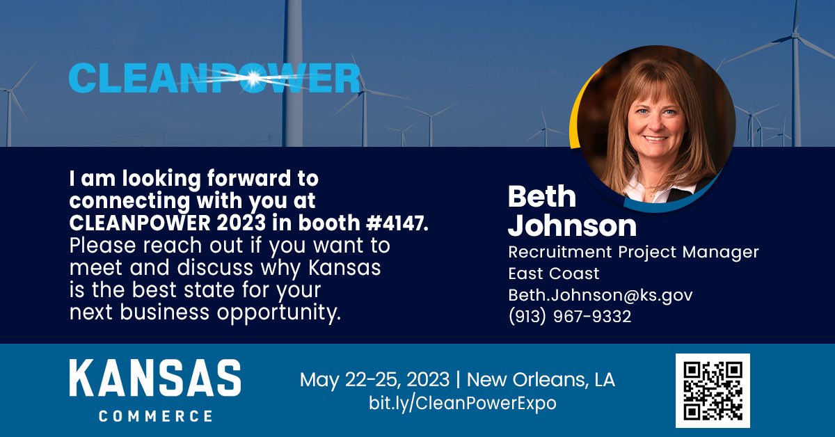 Looking forward to connecting at #CLEANPOWER23 next week! Stop and say hi at the Kansas booth. #KSwind #KSsolar #KansasCommerce