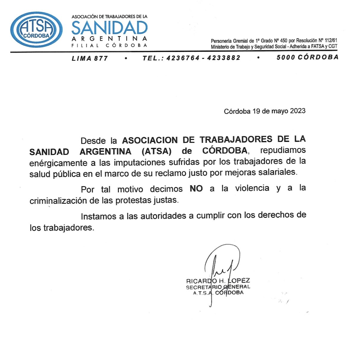 La CGT regional Córdoba repudia la imputación de los compañeros trabajadores de la salud nucleados en <a href="/ATSACORDOBA/">ATSA Córdoba</a>.
Asimismo decimos NO a la criminalización de las protestas.