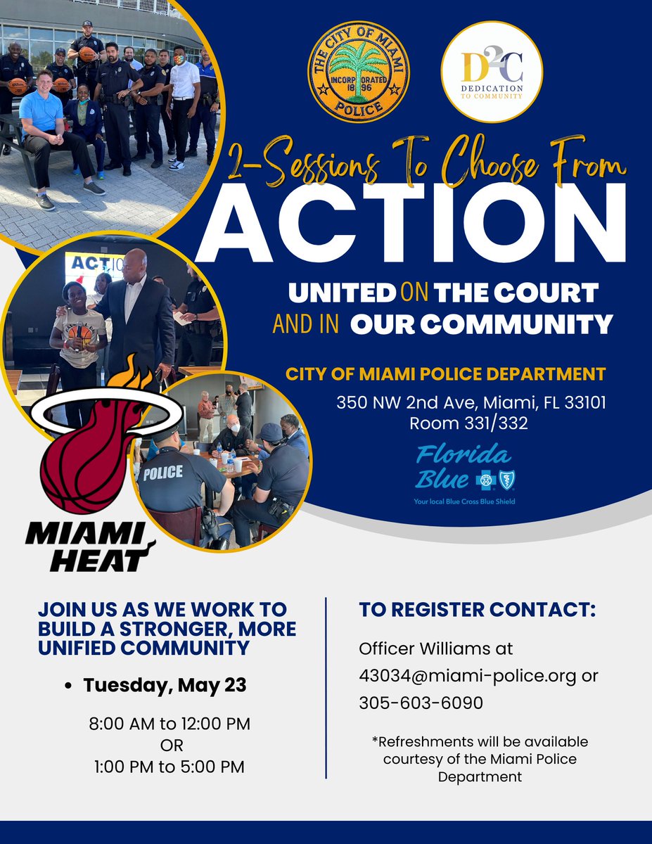 Dedication2Comm's tweet image. We have 2 upcoming United on The Court and in Our Community sessions! 

Please join us on May 23rd &amp;amp; 24th. Session details are on the flyers! (See both slides) 

To register, please contact Officer Williams: 43034@miami-police.org or 305-603-6090