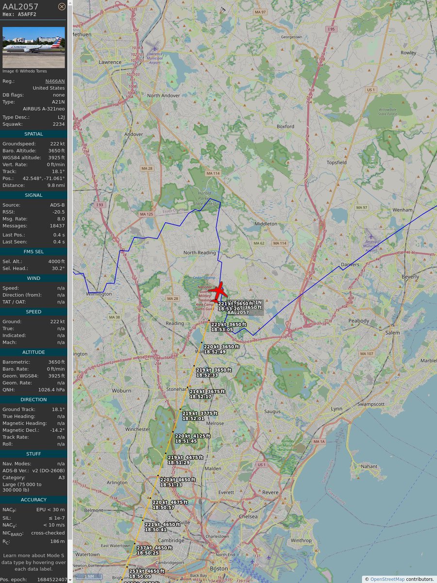 ICAO: #A5AFF2 Flt: #AAL2057 #AmericanAirlines #PHL-#DFW First seen: 2023/05/19 14:50:32 Min Alt: 4650 ft MSL Min Dist: 1.72 nm Peak Audio: -62 dBFS Loudness: 1 dB #planefence #adsb - planefence.com globe.adsbexchange.com/?icao=a5aff2