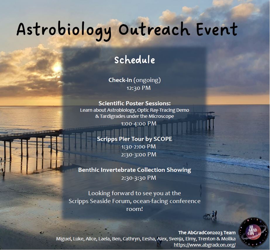 San Diego Locals, are you interested in life on other planets? 
The AbGradCon23 team invites you to Scripps Institution of Oceanography this Monday, May 22nd! 
#astrobio #abgradcon #oceanography #Science