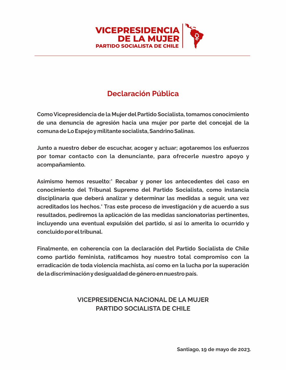 Como Vicepresidencia de la Mujer Socialista del Partido Socialista de Chile compartimos la siguiente Declaración Pública.