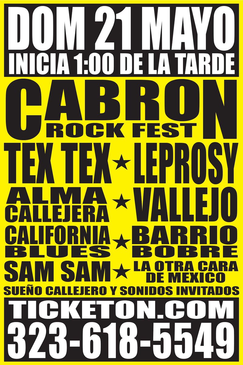 Sueño Callejero (@suenocallejero) on Twitter photo DOMINGO 21 DE MAYO EN LA BOOM
CABRON ROCK FEST
SUEÑO CALLEJERO <a href="/SuenoCallejero/">Sueño Callejero</a>
#BarrioPobre
#TexTex
#AlmaCallejera
#3Vallejo
#Leprosy
#SamSam
#LaOtraCaraDeMexico
#CaliforniaBlues
#SueñoCallejero #RockUrbano #RockMexicano #RockNacional #Rock #RockDelBarrio #SantaAna #LosAngeles DOMINGO 21 DE MAYO EN LA BOOM
CABRON ROCK FEST
SUEÑO CALLEJERO <a href="/SuenoCallejero/">Sueño Callejero</a>
#BarrioPobre
#TexTex
#AlmaCallejera
#3Vallejo
#Leprosy
#SamSam
#LaOtraCaraDeMexico
#CaliforniaBlues
#SueñoCallejero #RockUrbano #RockMexicano #RockNacional #Rock #RockDelBarrio #SantaAna #LosAngeles