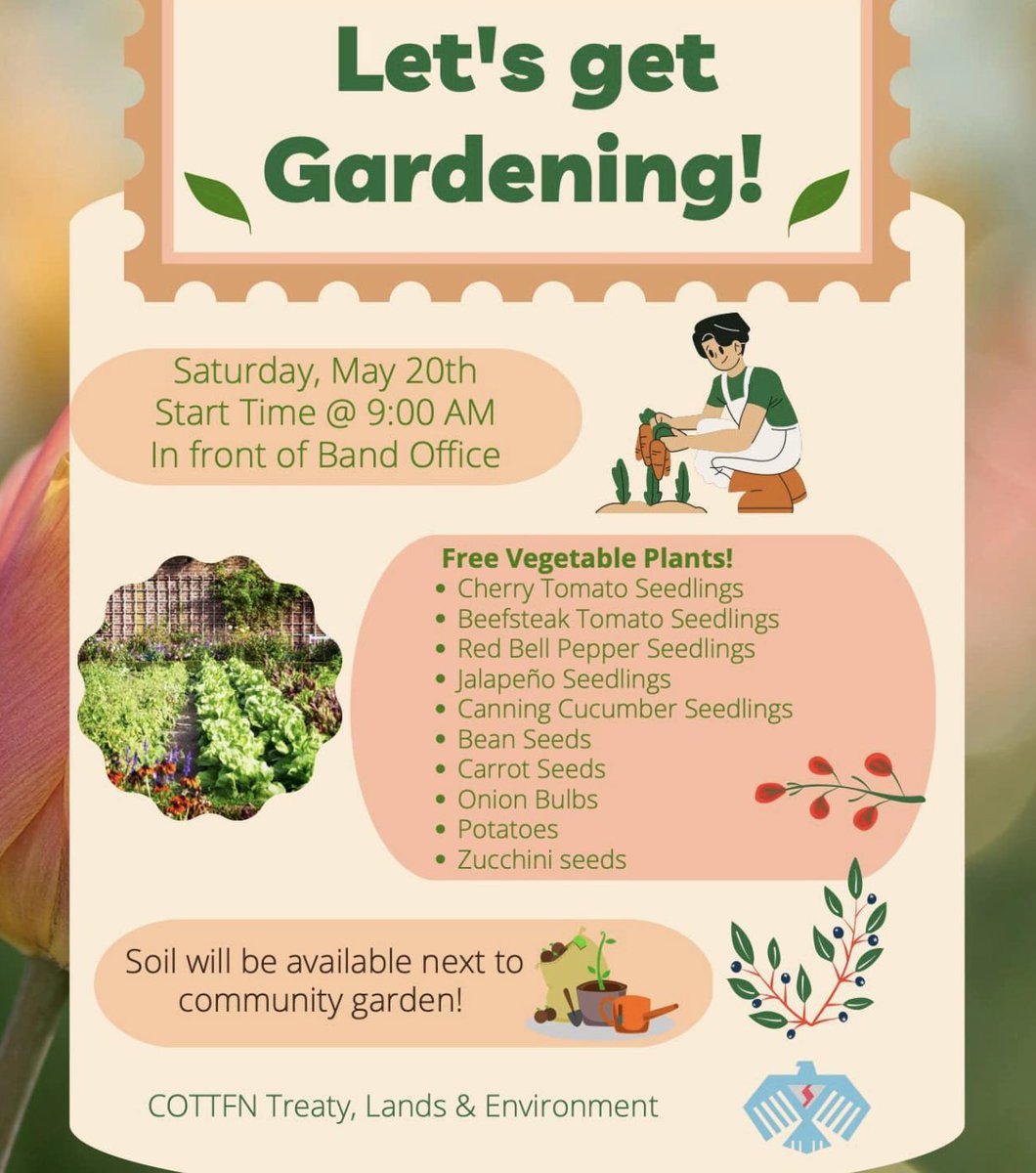 OfficialCottfn's tweet photo. Want to have your own backyard garden this year? On Saturday, May 20th, we’ll be handing out vegetable plant seedlings and seeds. Soil and compost will be available near the community garden. Come on out and let’s get gardening! https://t.co/2DMryVrXYU