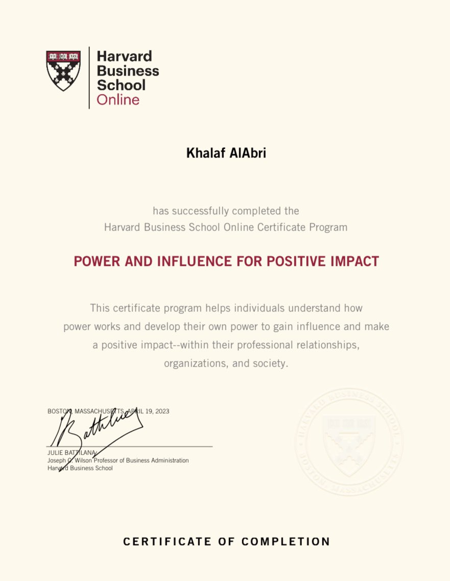 بعد إكمال ٣ مقررات من كلية هارفرد للاعمال <a href="/HarvardHBS/">Harvard Business School</a>، حصلت ولله الحمد على الشهادة التخصصية في #القيادة_والادارة.

شكرا لإدارة جامعة السلطان قابوس على تنفيذ برنامج "جدارة"؛ لإعداد قيادات جامعية ذات كفاءة عالية، تتمتع بمهارات وخبرات رائدة.

ممتن لما تقدمه لي جامعة السلطان قابوس