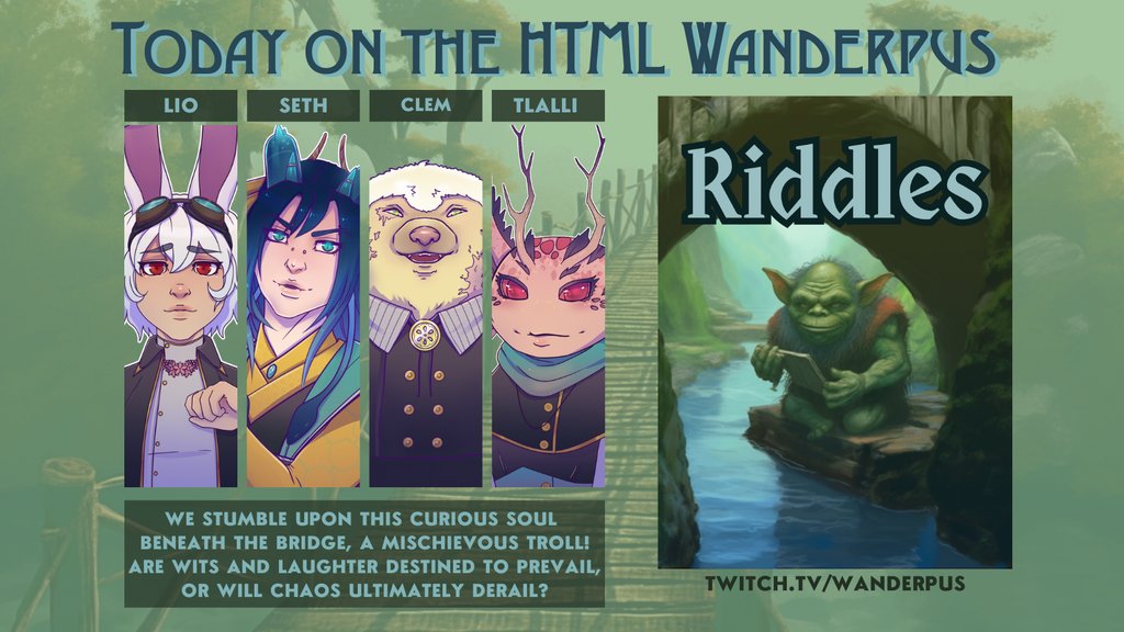 LockstitchRPG's tweet photo. [Live Now!]

Join us for some routine sub maintenance tonight on the #HTMLWanderpus ttrpg!

We stumble upon this curious soul 
Beneath the bridge, a mischievous troll!
Are wits and laughter destined to prevail,
Or will chaos ultimately derail...?

#tabletop #actualplay #twitch https://t.co/0xxGEK8XnR