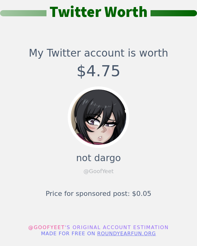 GoofYeet's tweet photo. My Twitter worth is: $4.75

➡️ https://t.co/1FgPlpdyQQ https://t.co/rxXvxLYP1R