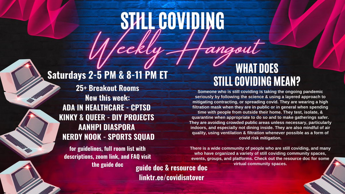 Are you covid cautious? On Saturdays at the #StillCoviding Weekly Hangout experience solidarity & camaraderie with #CovidConscious community. At the day edition, Kate from VCIL will discuss ADA requests in healthcare. 25+ rooms to explore, full list & more info in my bio link. 😷